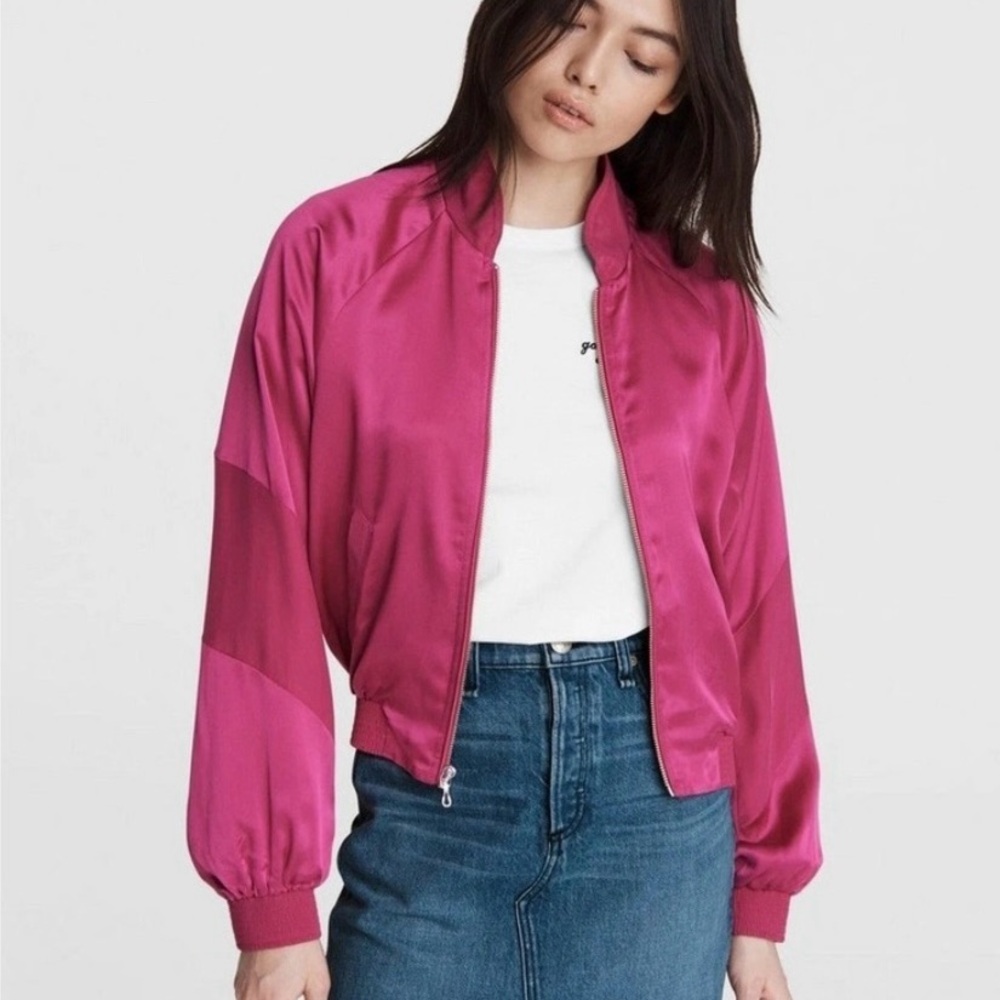 Rag & Bone Pink Satin Bomber Designer Athleisurewear Jacket - Size M